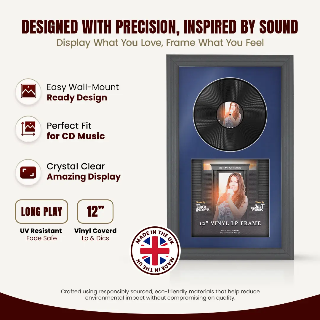 30x17" Classic Dark Grey Vinyl Record Frame With Blue Mount | Side by Side 12" LP Cover & Disc Display thumbnail 8