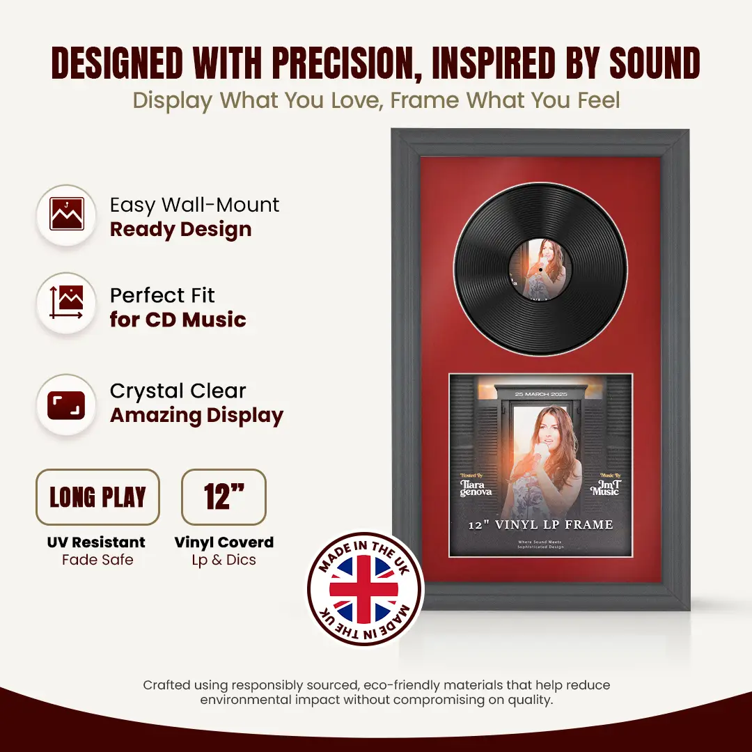 30x17" Classic Dark Grey Vinyl Record Frame With Crimson Mount | For 12" LP Cover and Disc Side By Side Display thumbnail 8