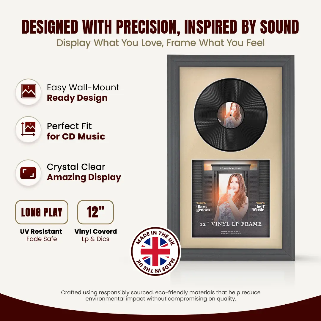 30x17" Classic Dark Grey Vinyl Record Frame With Ivory Mount | Displays 12" LP Cover & Disc Side by Side thumbnail 8