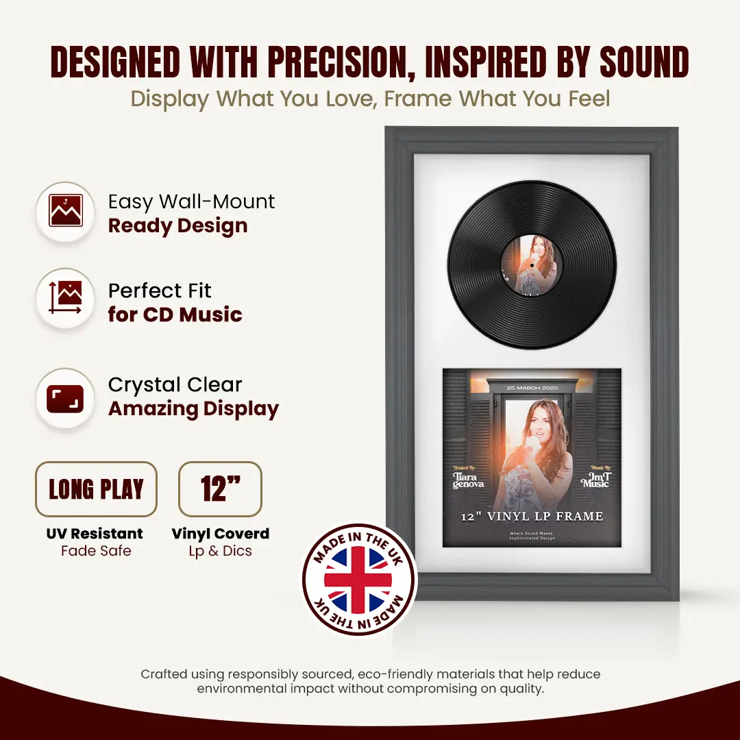 30x17" Classic Dark Grey Vinyl Record Frame With Ice White Mount | Displays 12" LP Cover & Disc Side by Side thumbnail 8