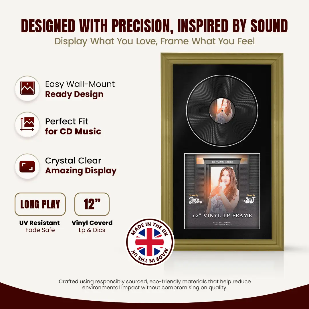 30x17" Classic Gold Vinyl Record Frame With Black Mount | Side by Side 12" LP Cover & Disc Display thumbnail 8