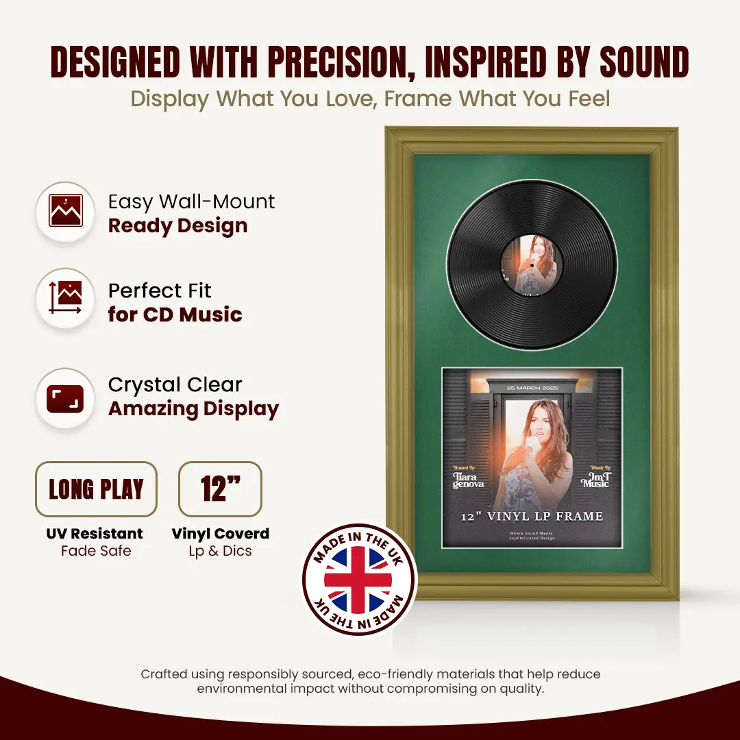 30x17" Classic Gold Vinyl Record Frame With Emerald (Green) Mount | For 12" LP Cover and Disc Side By Side Display thumbnail 8