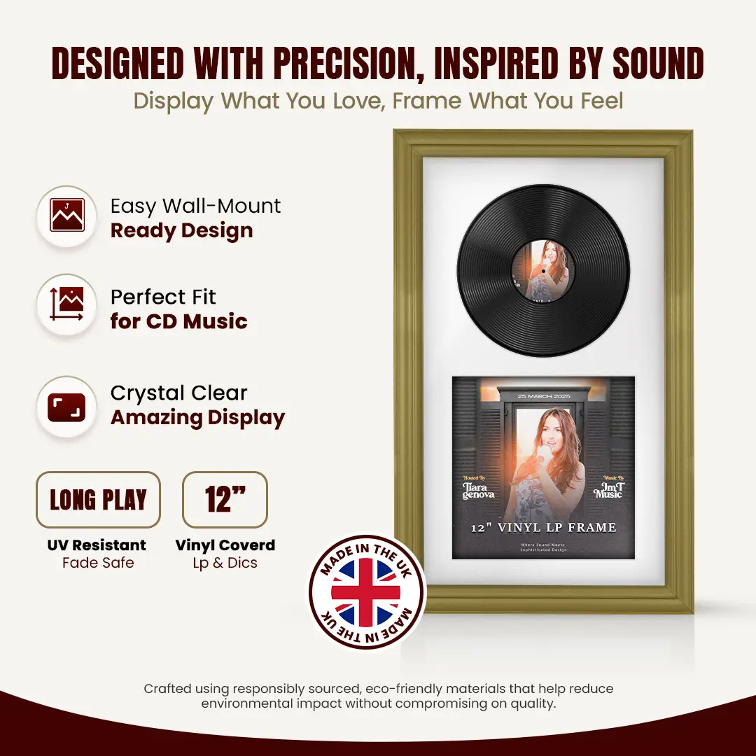 30x17" Classic Gold Vinyl Record Frame With Ice White Mount | Side by Side 12" LP Cover & Disc Display thumbnail 8