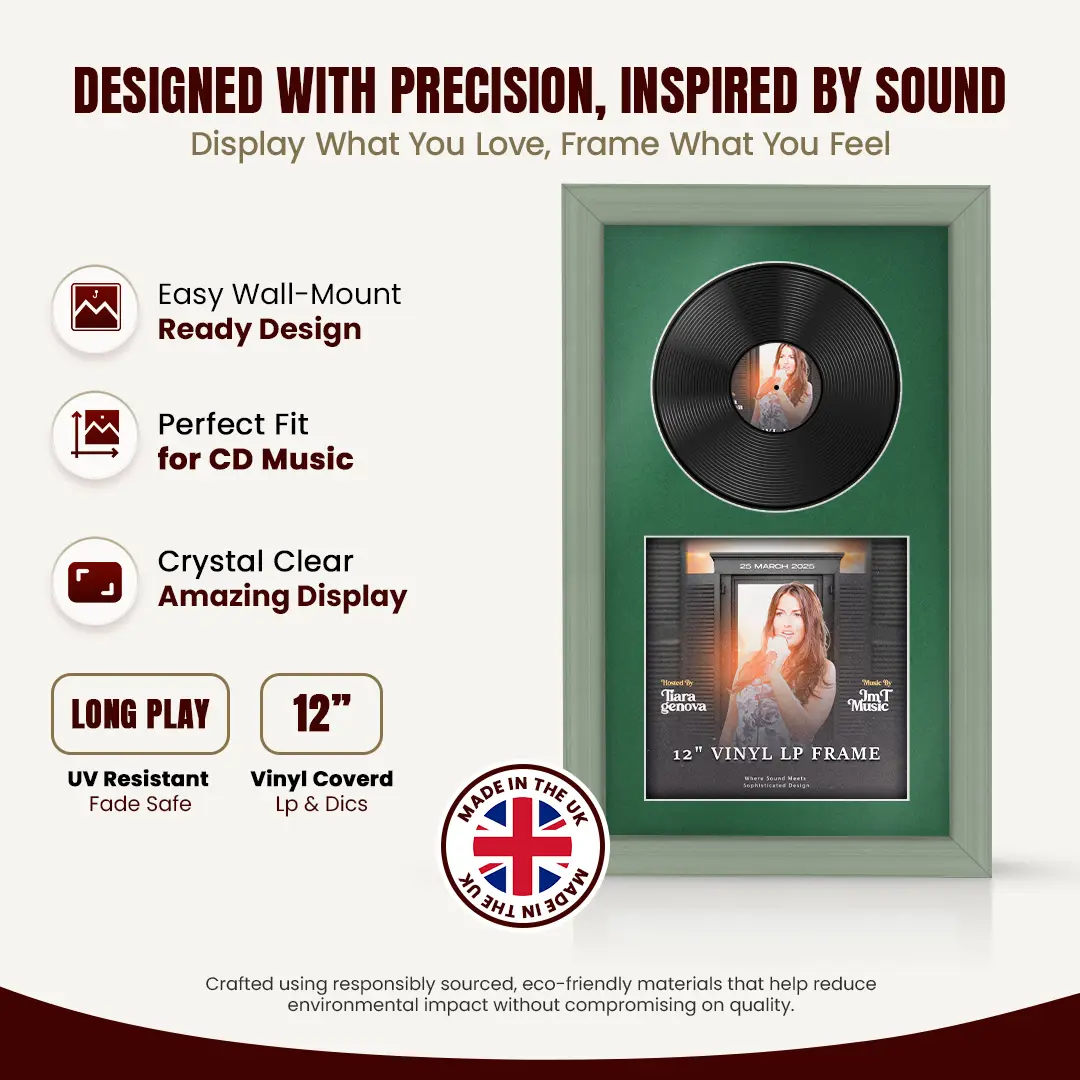 30x17" Classic Green Vinyl Record Frame With Emerald (Green) Mount | Side by Side 12" LP Cover & Disc Display thumbnail 8