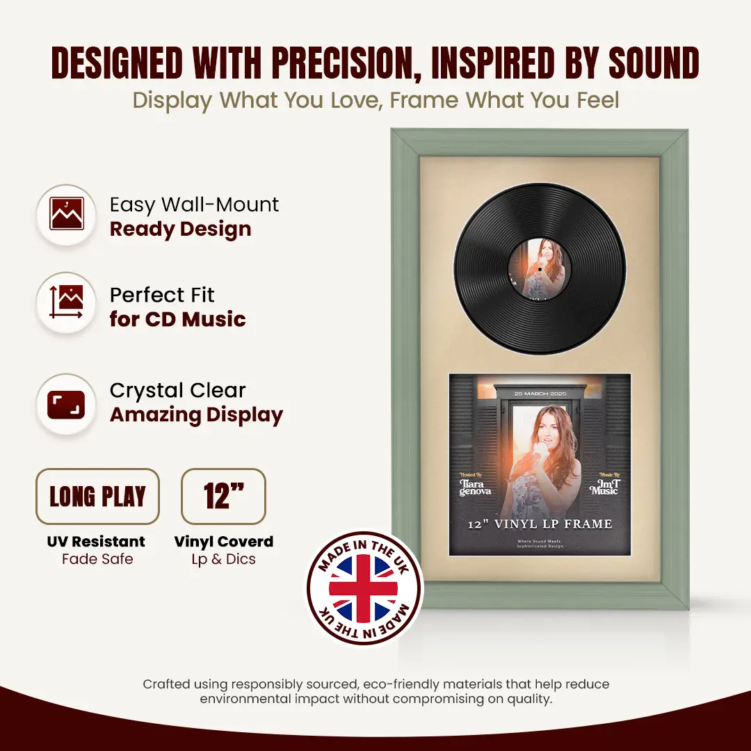 30x17" Classic Green Vinyl Record Frame With Ivory Mount | Displays 12" LP Cover & Disc Side by Side thumbnail 8
