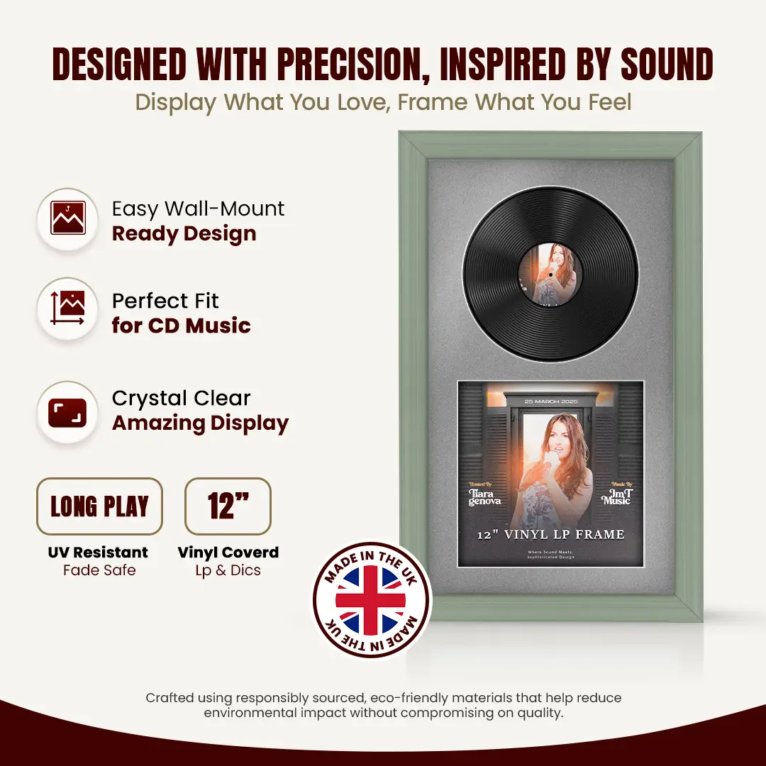 30x17" Classic Green Vinyl Record Frame With Silver Mount | Displays 12" LP Cover & Disc Side by Side thumbnail 8