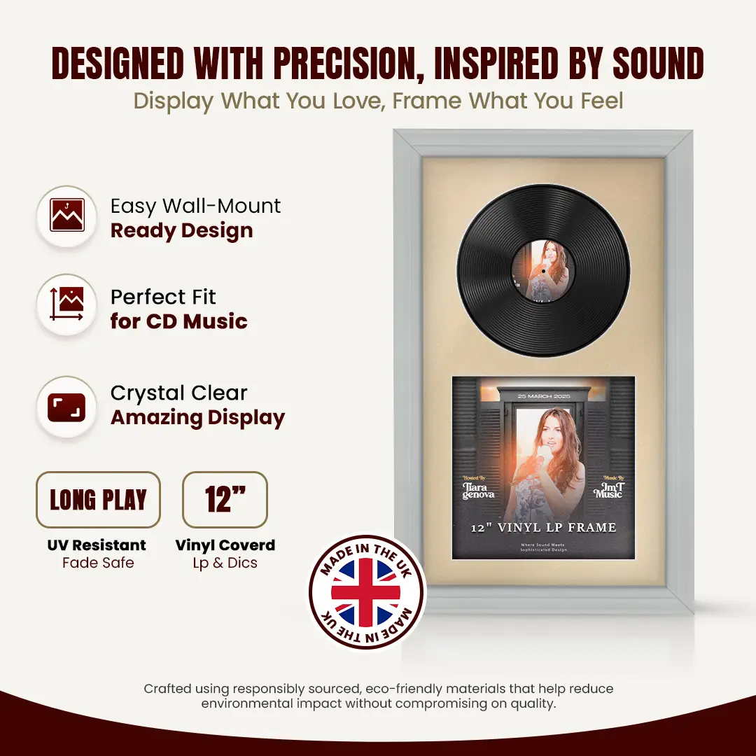 30x17" Classic Light Grey Vinyl Record Frame With Ivory Mount | Displays 12" LP Cover & Disc Side by Side thumbnail 8