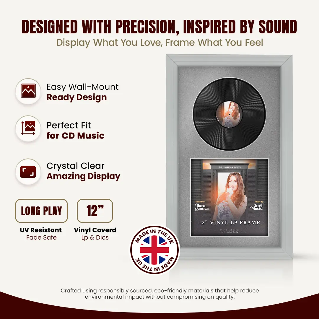 30x17" Classic Light Grey Vinyl Record Frame With Silver Mount | Side by Side 12" LP Cover & Disc Display thumbnail 8