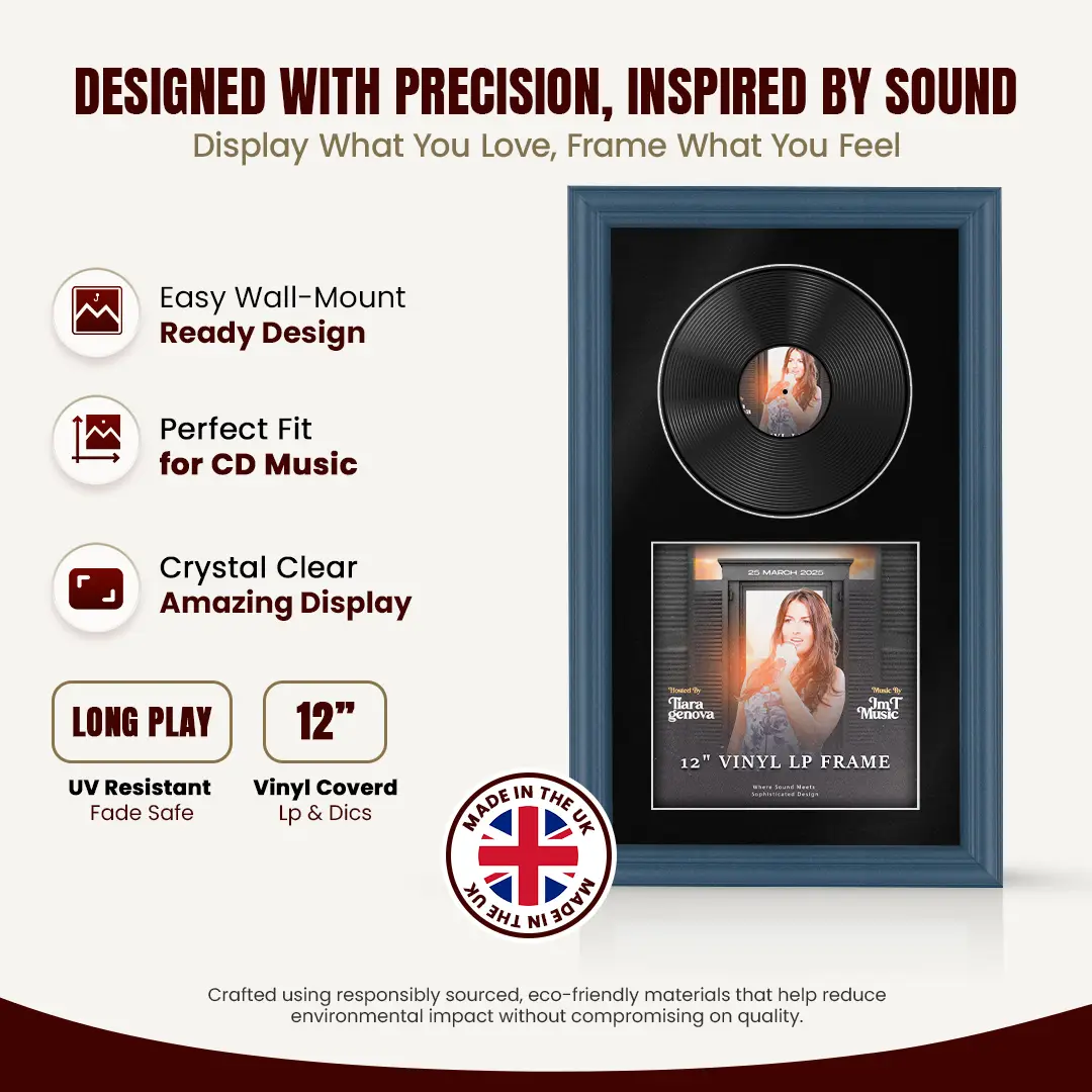 30x17" Classic Navy Blue Vinyl Record Frame With Black Mount | For 12" LP Cover and Disc Side By Side Display thumbnail 8