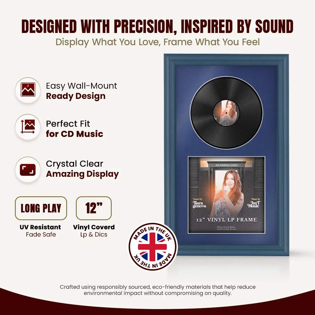 30x17" Classic Navy Blue Vinyl Record Frame With Silver Mount | Displays 12" LP Cover & Disc Side by Side thumbnail 8