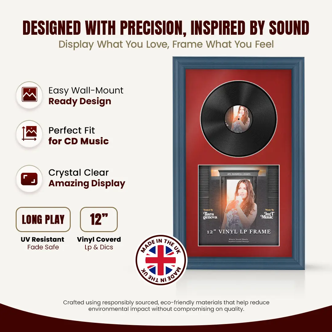 30x17" Classic Navy Blue Vinyl Record Frame With Crimson Mount | For 12" LP Cover and Disc Side By Side Display thumbnail 8