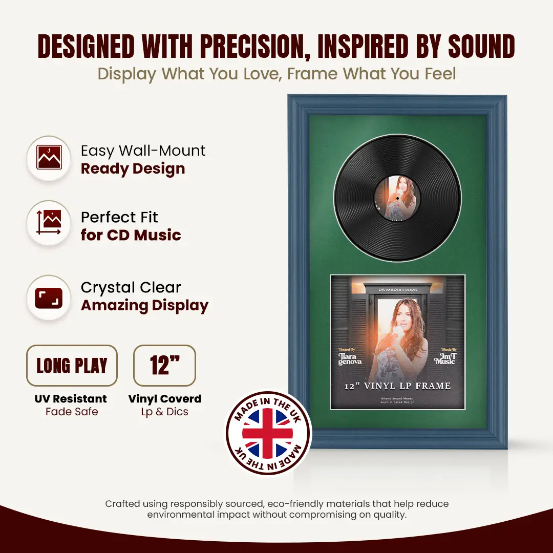 30x17" Classic Navy Blue Vinyl Record Frame With Emerald (Green) Mount | Displays 12" LP Cover & Disc Side by Side thumbnail 8