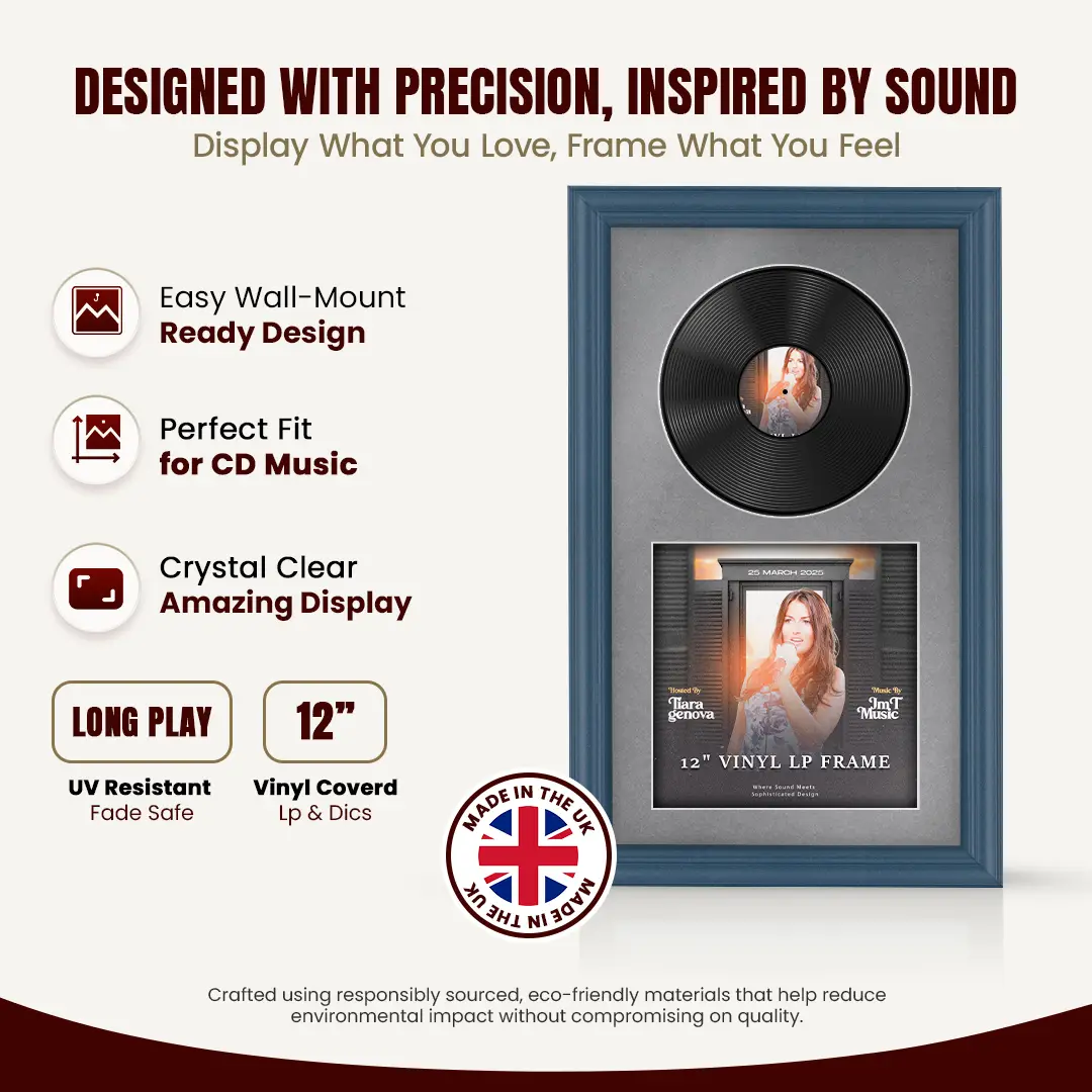 30x17" Classic Navy Blue Vinyl Record Frame With Mid Grey Mount | Displays 12" LP Cover & Disc Side by Side thumbnail 8
