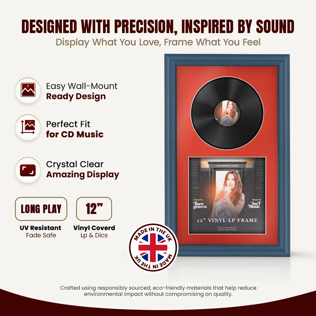 30x17" Classic Navy Blue Vinyl Record Frame With Poppy Red Mount | Displays 12" LP Cover & Disc Side by Side thumbnail 8