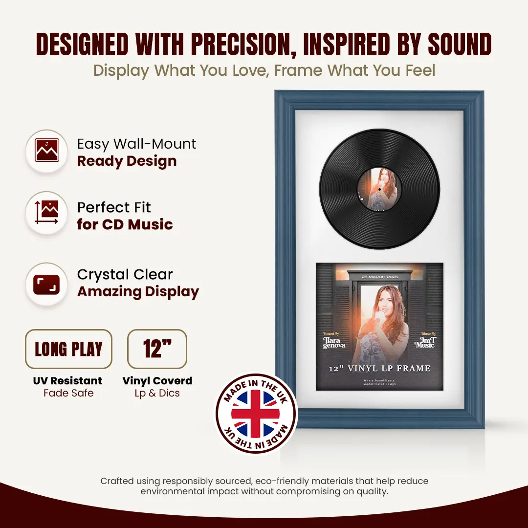 30x17" Classic Navy Blue Vinyl Record Frame With Ice White Mount | For 12" LP Cover and Disc Side By Side Display thumbnail 8