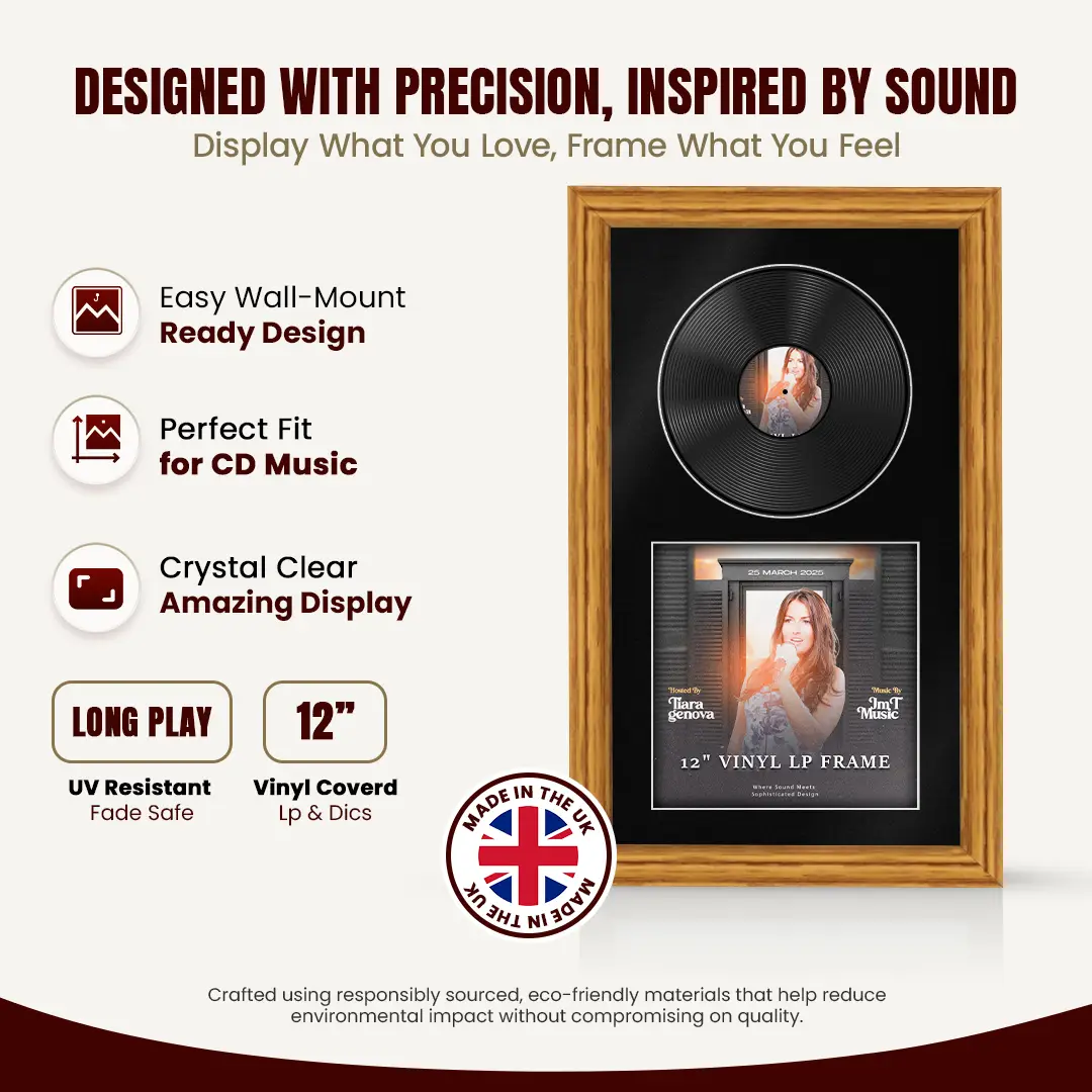 30x17" Classic Oak Vinyl Record Frame With Black Mount | For 12" LP Cover and Disc Side By Side Display thumbnail 8