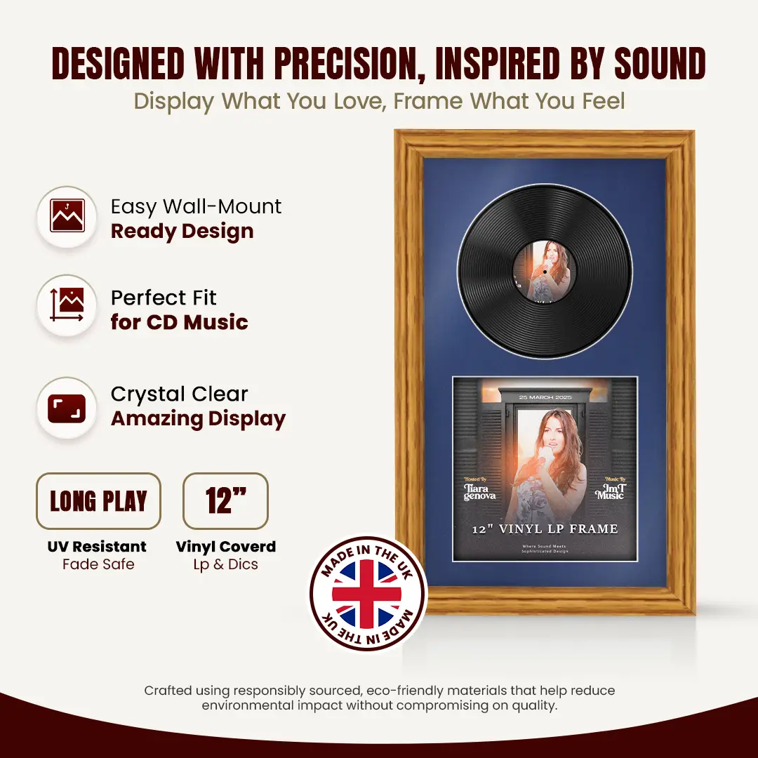 30x17" Classic Oak Vinyl Record Frame With Blue Mount | Displays 12" LP Cover & Disc Side by Side thumbnail 8