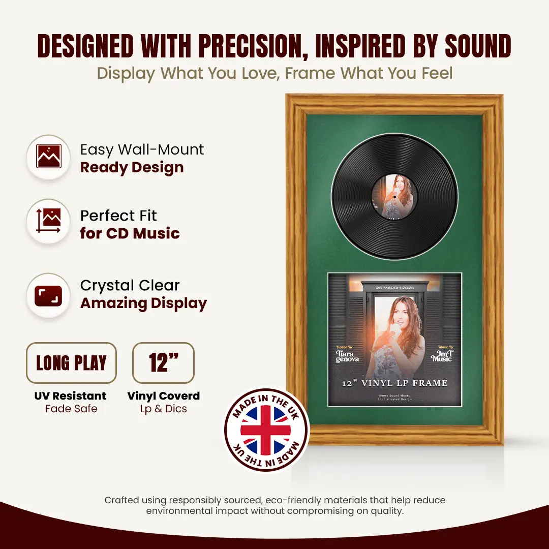 30x17" Classic Oak Vinyl Record Frame With Silver Mount | Displays 12" LP Cover & Disc Side by Side thumbnail 8