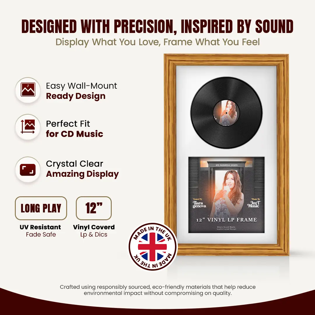 30x17" Classic Oak Vinyl Record Frame With Ice White Mount | Side by Side 12" LP Cover & Disc Display thumbnail 8