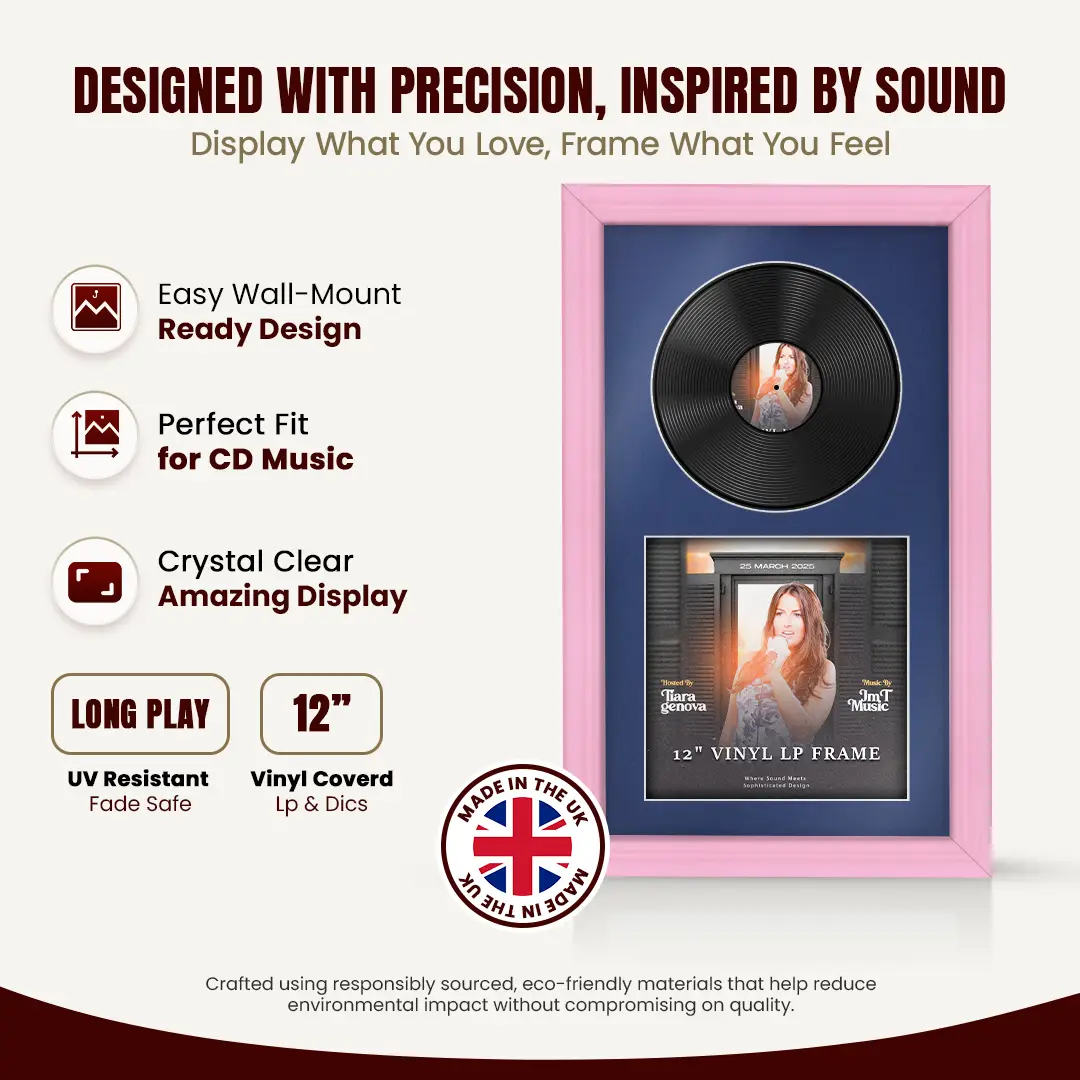 30x17" Classic Pastel Pink Vinyl Record Frame With Blue Mount | For 12" LP Cover and Disc Side By Side Display thumbnail 8