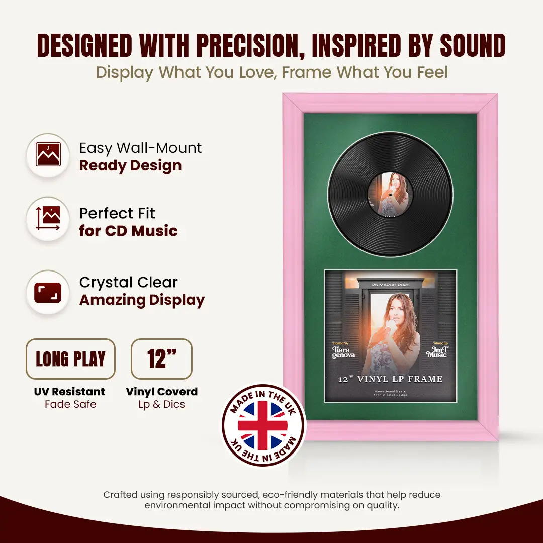 30x17" Classic Pastel Pink Vinyl Record Frame With Emerald (Green) Mount | Side by Side 12" LP Cover & Disc Display thumbnail 8