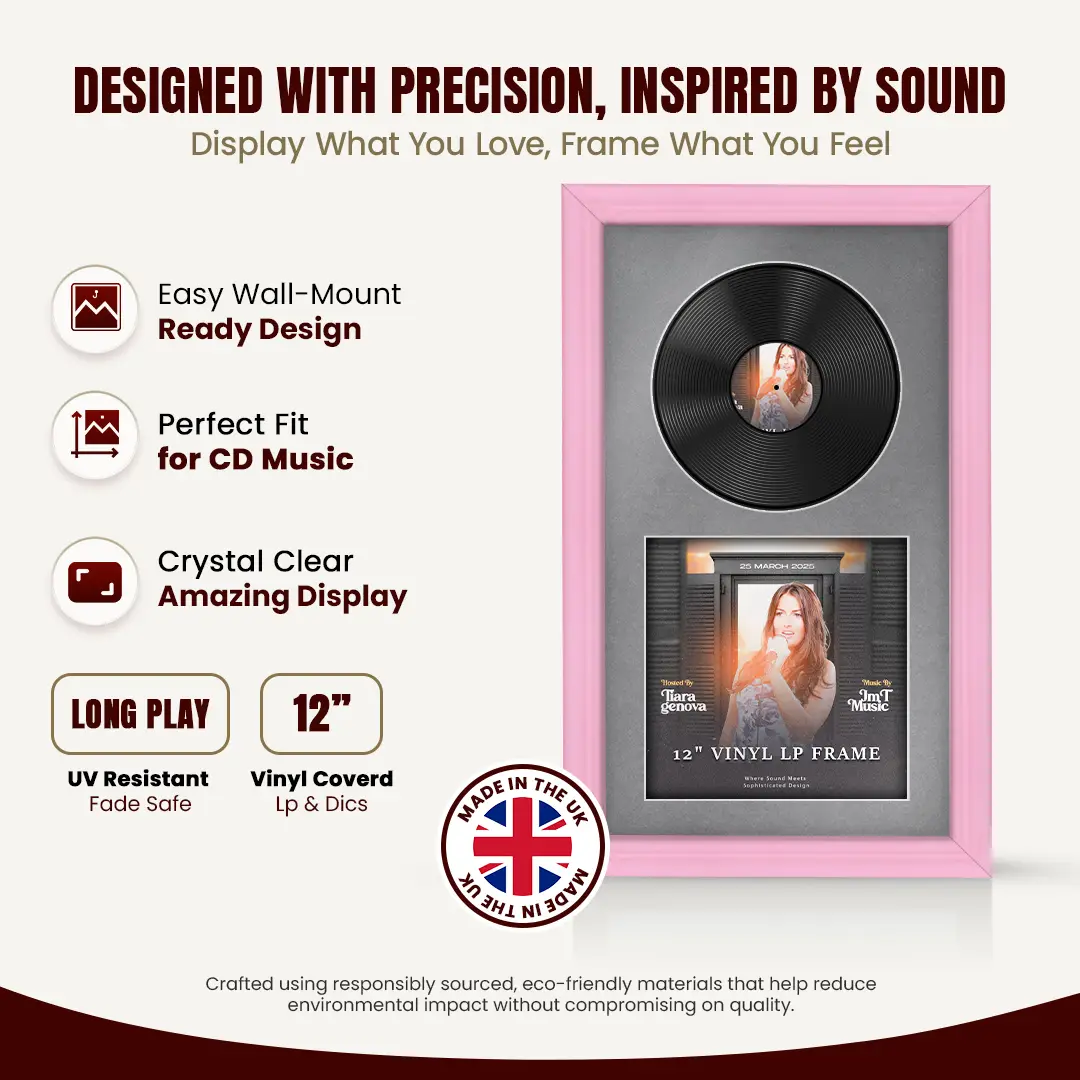 30x17" Classic Pastel Pink Vinyl Record Frame With Mid Grey Mount | Side by Side 12" LP Cover & Disc Display thumbnail 8