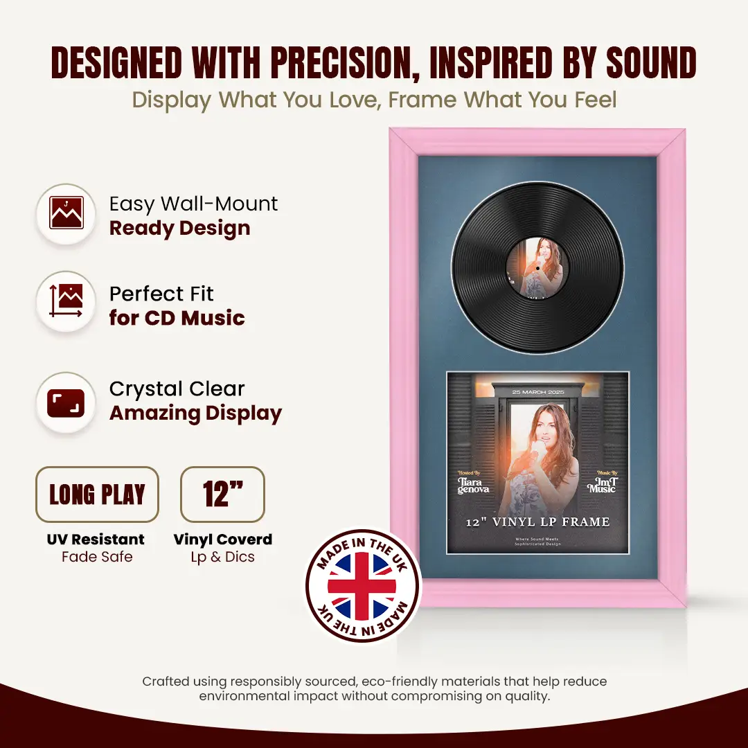 30x17" Classic Pastel Pink Vinyl Record Frame With Pompador Mount | Displays 12" LP Cover & Disc Side by Side thumbnail 8