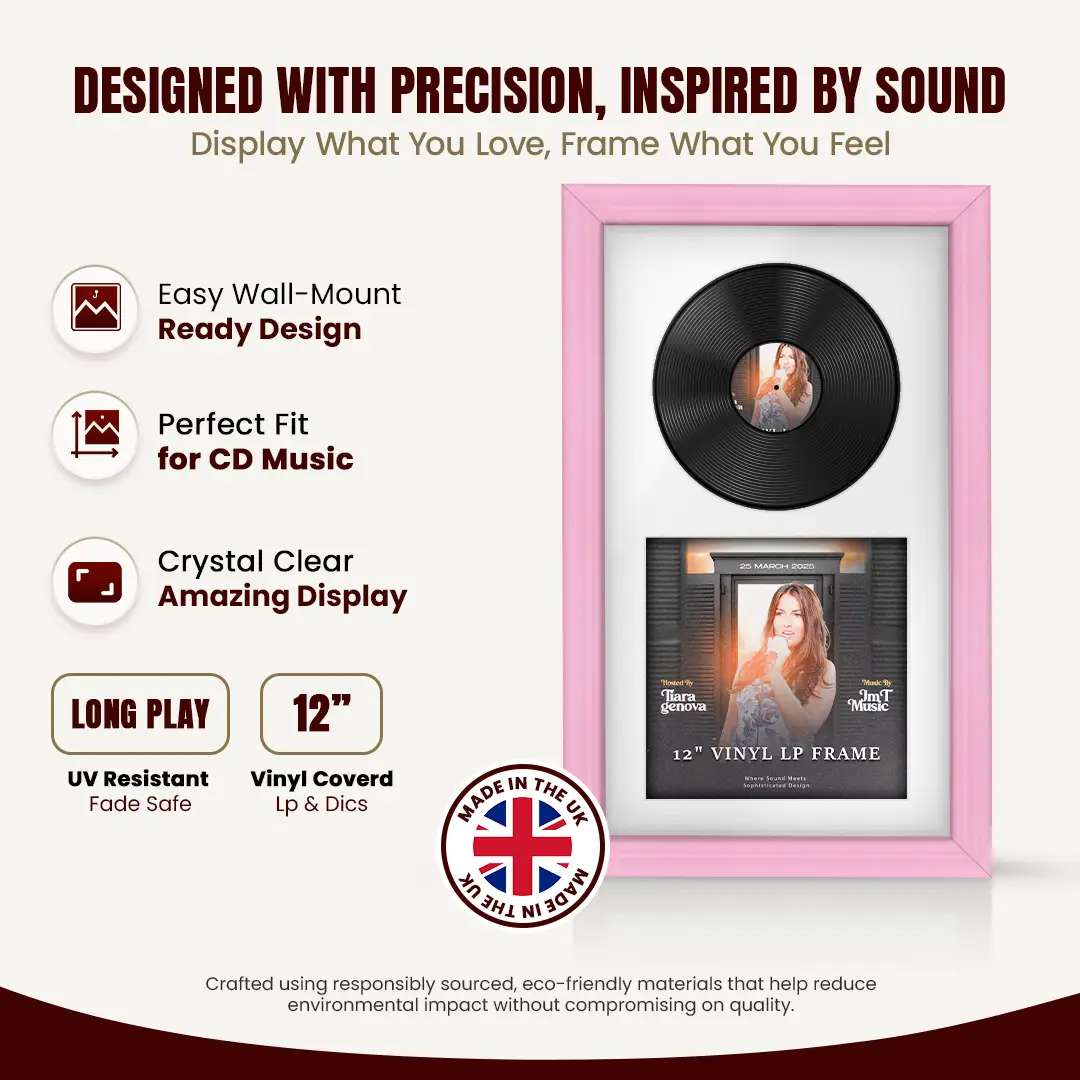 30x17" Classic Pastel Pink Vinyl Record Frame With Ice White Mount | Displays 12" LP Cover & Disc Side by Side thumbnail 8