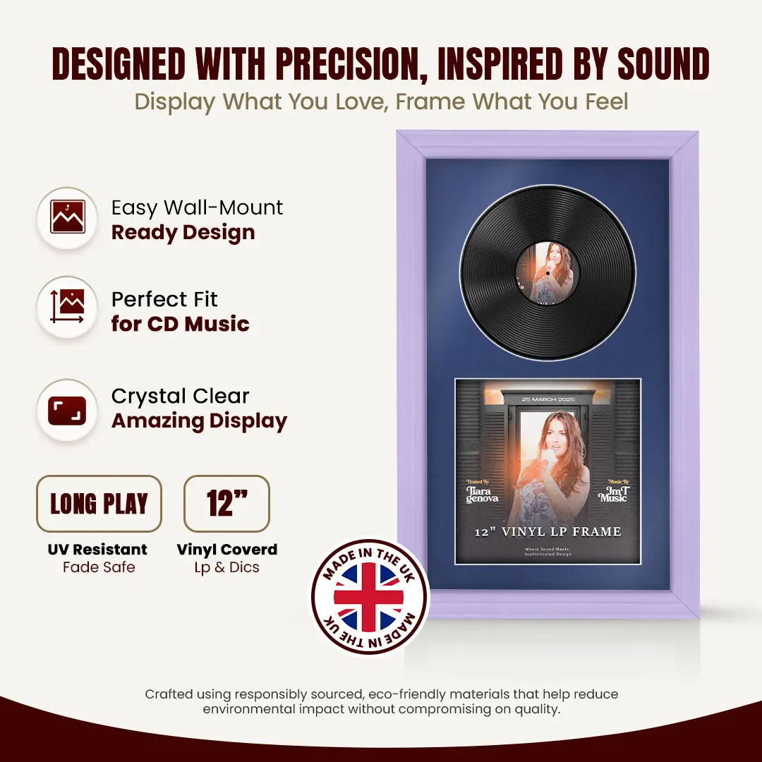 30x17" Classic Purple Vinyl Record Frame With Blue Mount | For 12" LP Cover and Disc Side By Side Display thumbnail 8