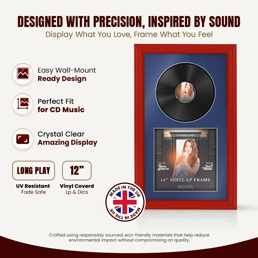 30x17" Classic Red Vinyl Record Frame With Blue Mount | For 12" LP Cover and Disc Side By Side Display thumbnail 8
