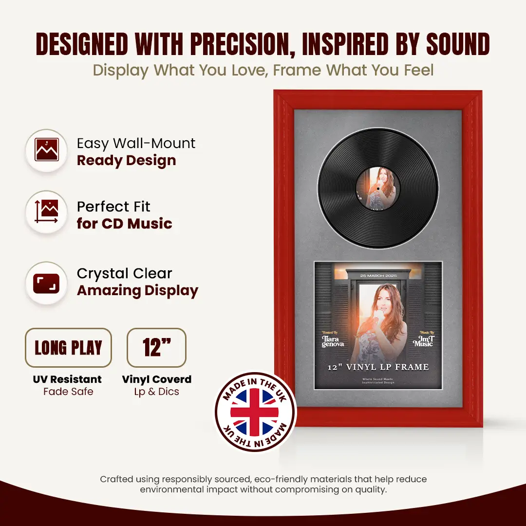 30x17" Classic Red Vinyl Record Frame With Mid Grey Mount | Side by Side 12" LP Cover & Disc Display thumbnail 8