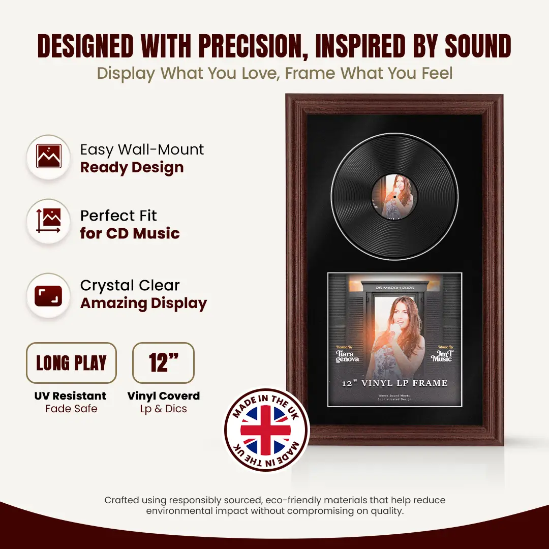 30x17" Classic Rose Wood Vinyl Record Frame With Black Mount | Side by Side 12" LP Cover & Disc Display thumbnail 8