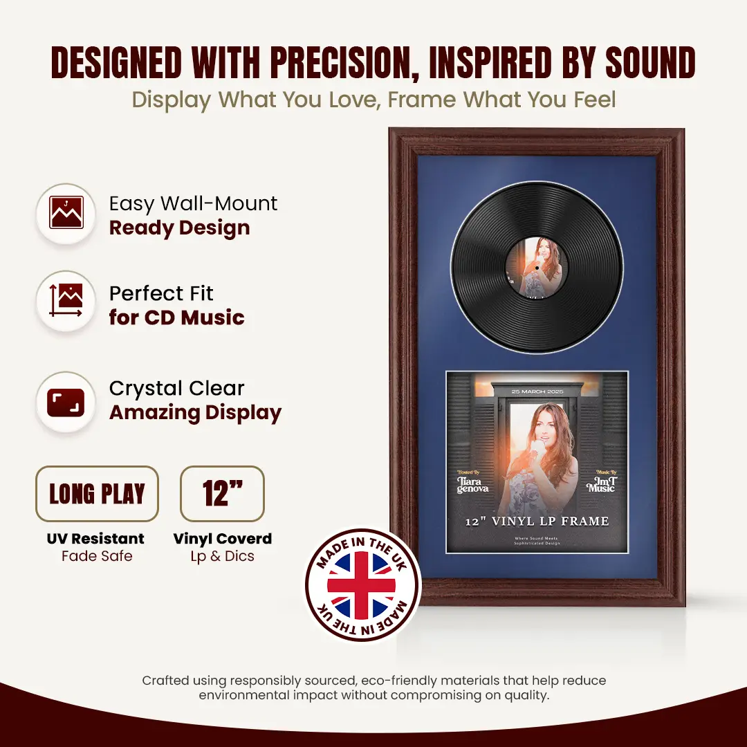 30x17" Classic Rose Wood Vinyl Record Frame With Blue Mount | For 12" LP Cover and Disc Side By Side Display thumbnail 8