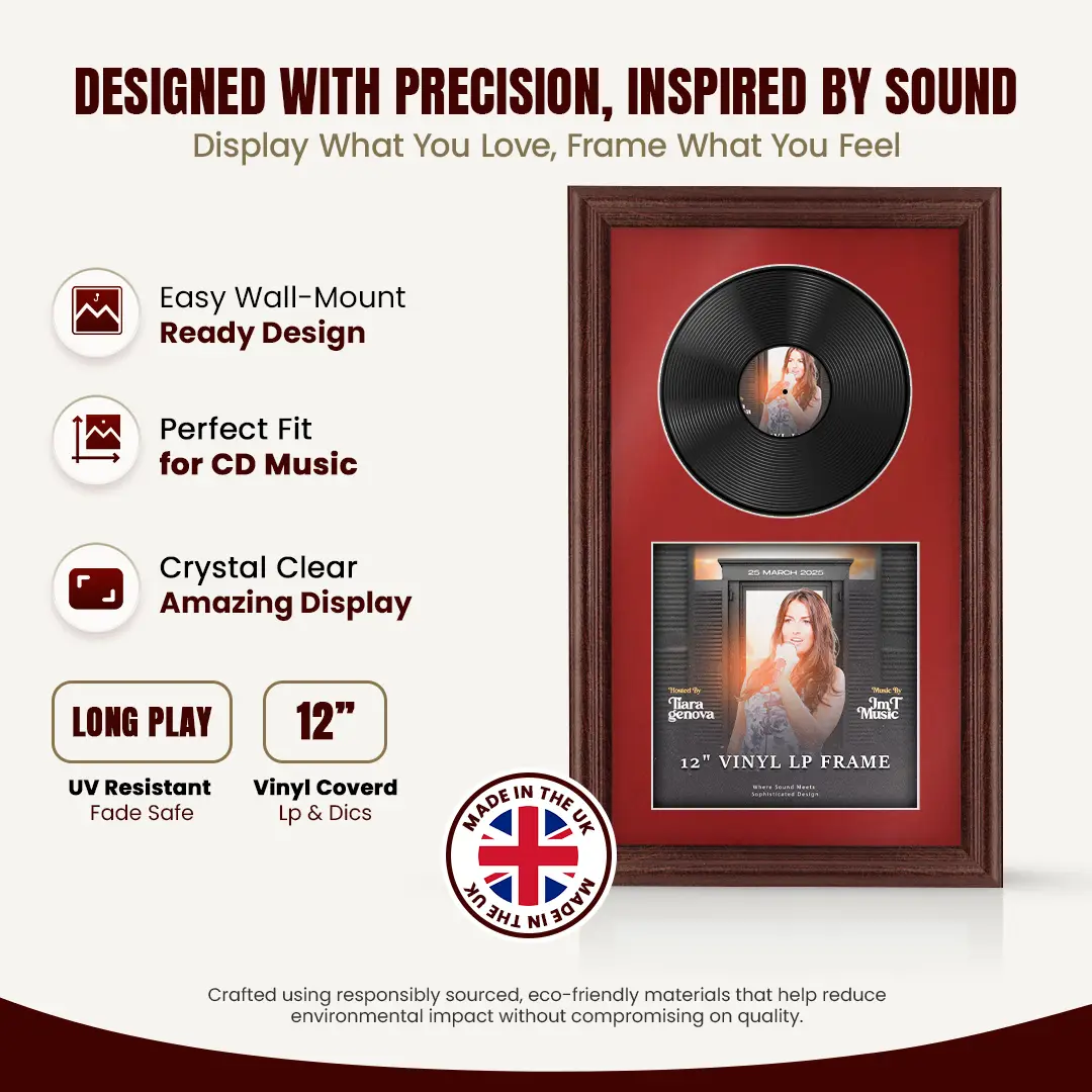 30x17" Classic Rose Wood Vinyl Record Frame With Crimson Mount | Side by Side 12" LP Cover & Disc Display thumbnail 8