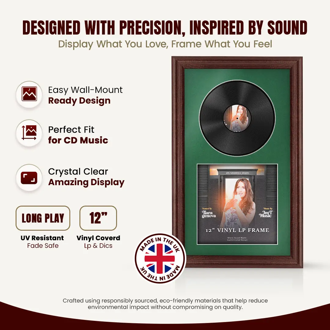 30x17" Classic Rose Wood Vinyl Record Frame With Emerald (Green) Mount | Side by Side 12" LP Cover & Disc Display thumbnail 8