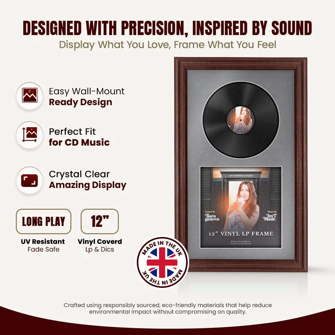 30x17" Classic Rose Wood Vinyl Record Frame With Mid Grey Mount | For 12" LP Cover and Disc Side By Side Display thumbnail 8