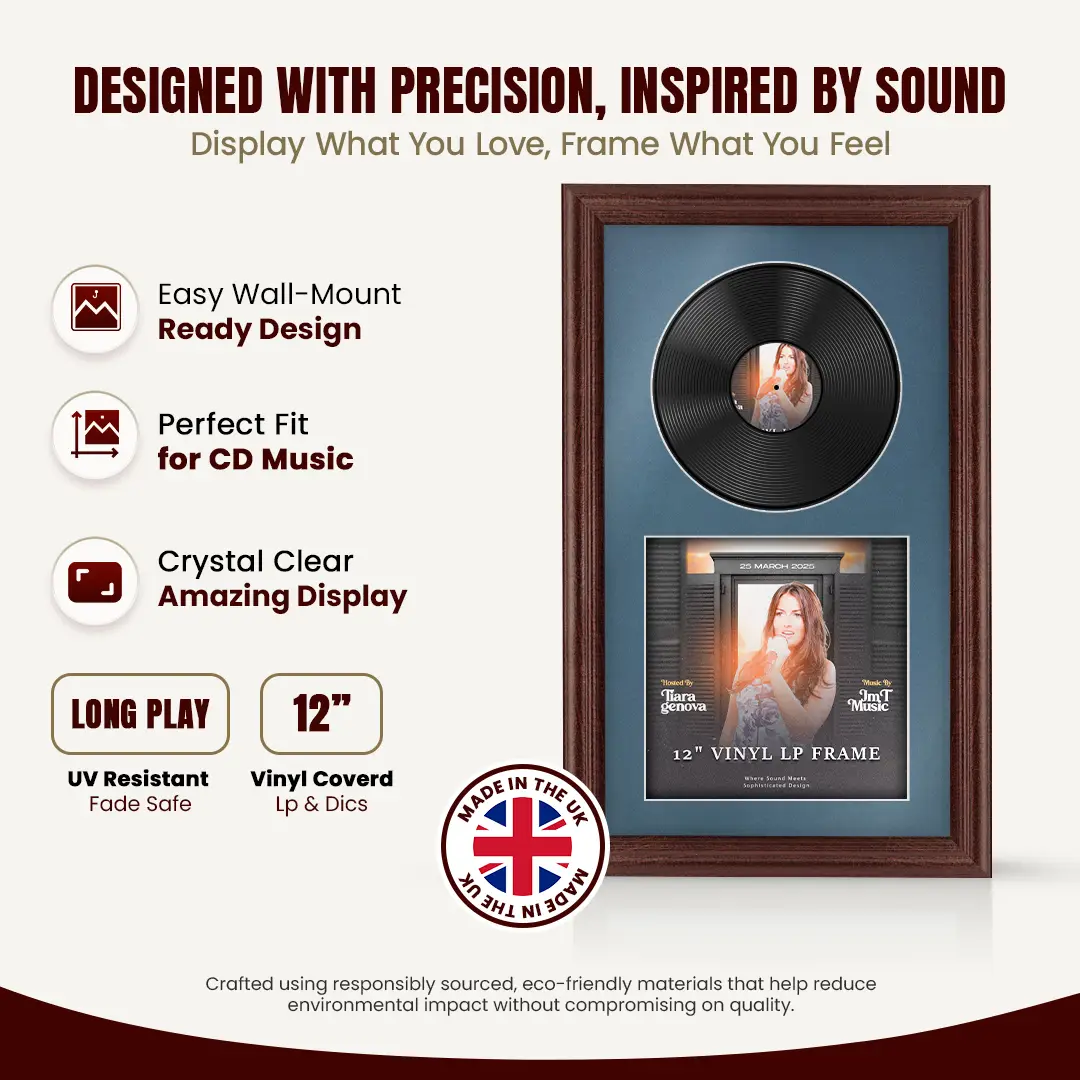 30x17" Classic Rose Wood Vinyl Record Frame With Pompador Mount | For 12" LP Cover and Disc Side By Side Display thumbnail 8