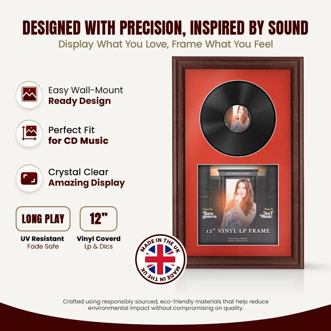 30x17" Classic Rose Wood Vinyl Record Frame With Poppy Red Mount | For 12" LP Cover and Disc Side By Side Display thumbnail 8