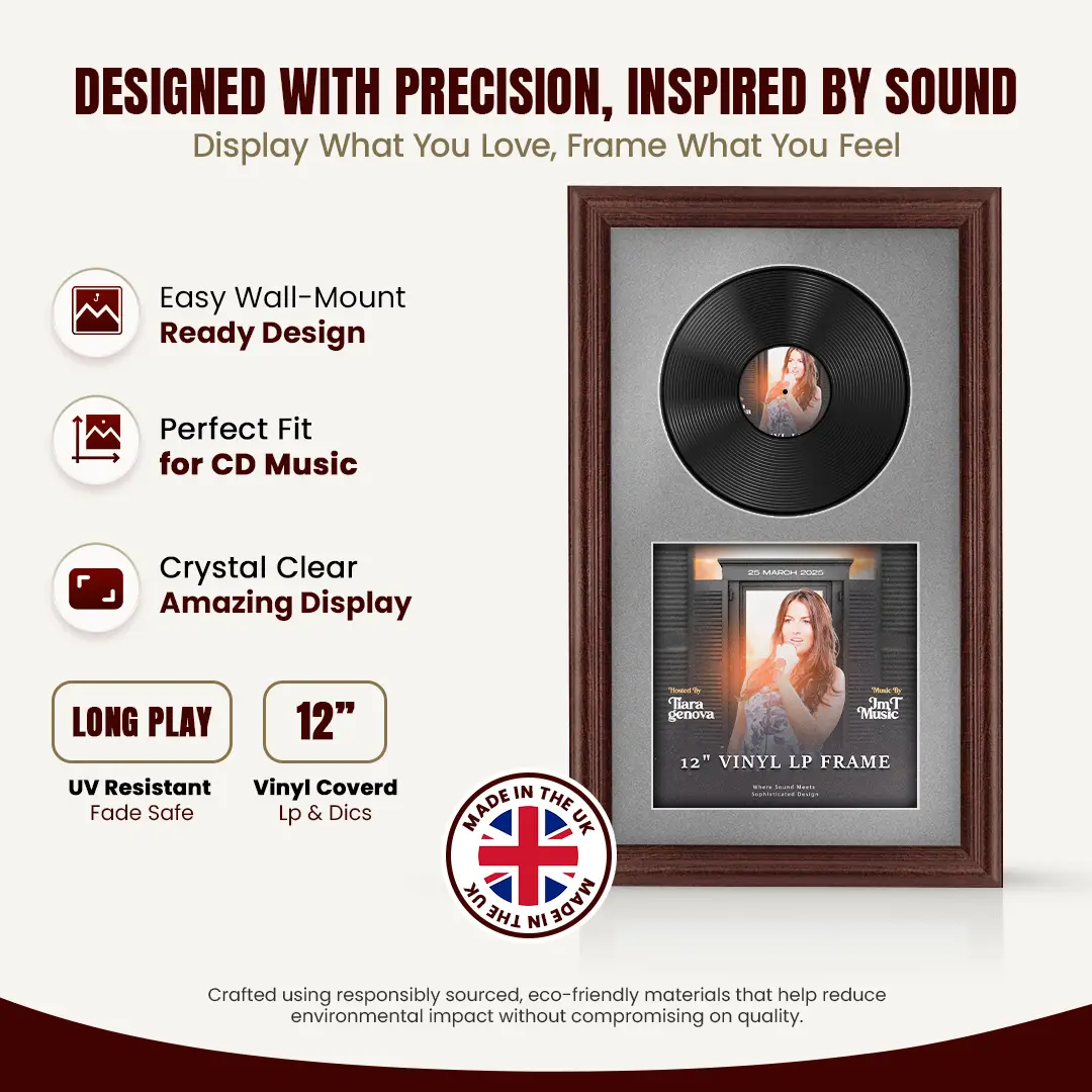 30x17" Classic Rose Wood Vinyl Record Frame With Silver Mount | Displays 12" LP Cover & Disc Side by Side thumbnail 8