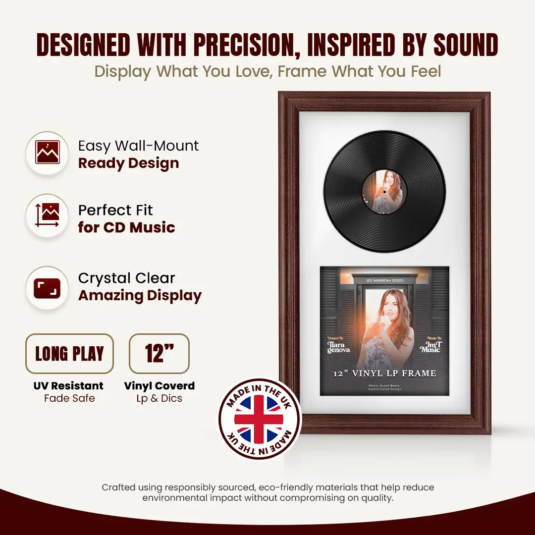 30x17" Classic Rose Wood Vinyl Record Frame With Ice White Mount | For 12" LP Cover and Disc Side By Side Display thumbnail 8