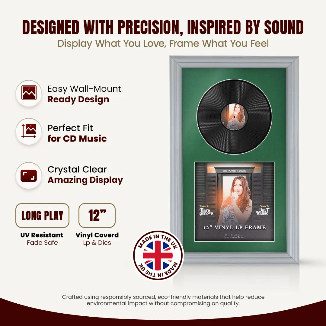 30x17" Classic Silver Vinyl Record Frame With Emerald (Green) Mount | Side by Side 12" LP Cover & Disc Display thumbnail 8
