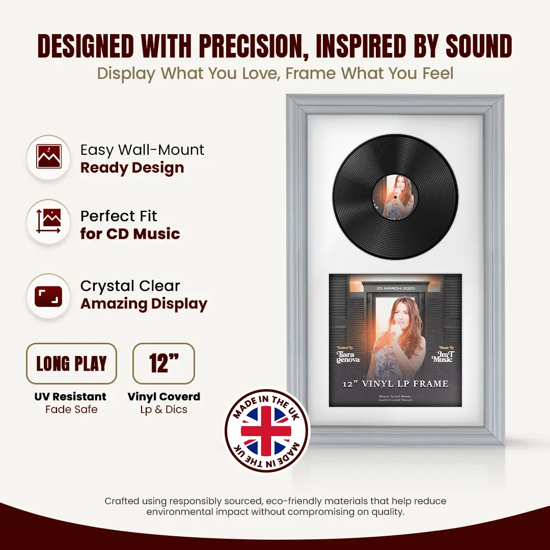 30x17" Classic Silver Vinyl Record Frame With Ice White Mount | For 12" LP Cover and Disc Side By Side Display thumbnail 8