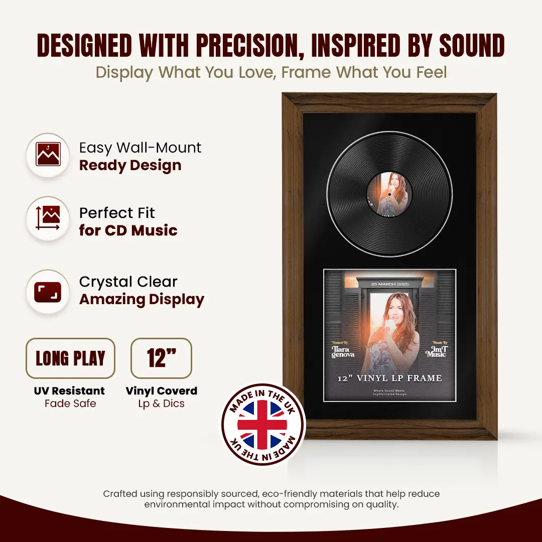 30x17" Classic Walnut Vinyl Record Frame With Black Mount | For 12" LP Cover and Disc Side By Side Display thumbnail 8