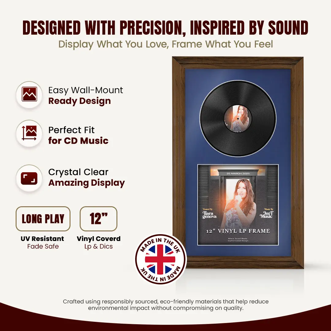 30x17" Classic Walnut Vinyl Record Frame With Blue Mount | Side by Side 12" LP Cover & Disc Display thumbnail 8
