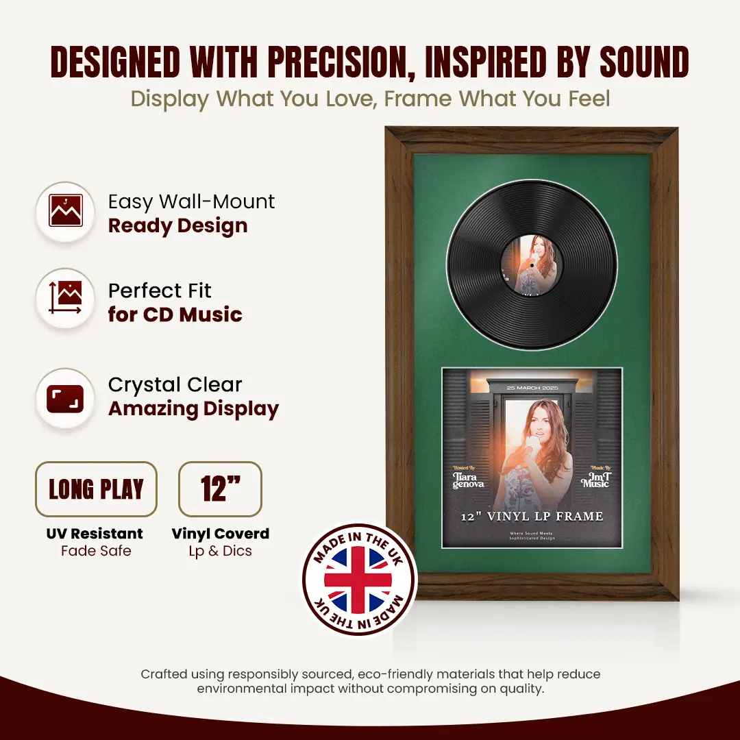 30x17" Classic Walnut Vinyl Record Frame With Emerald (Green) Mount | For 12" LP Cover and Disc Side By Side Display thumbnail 8