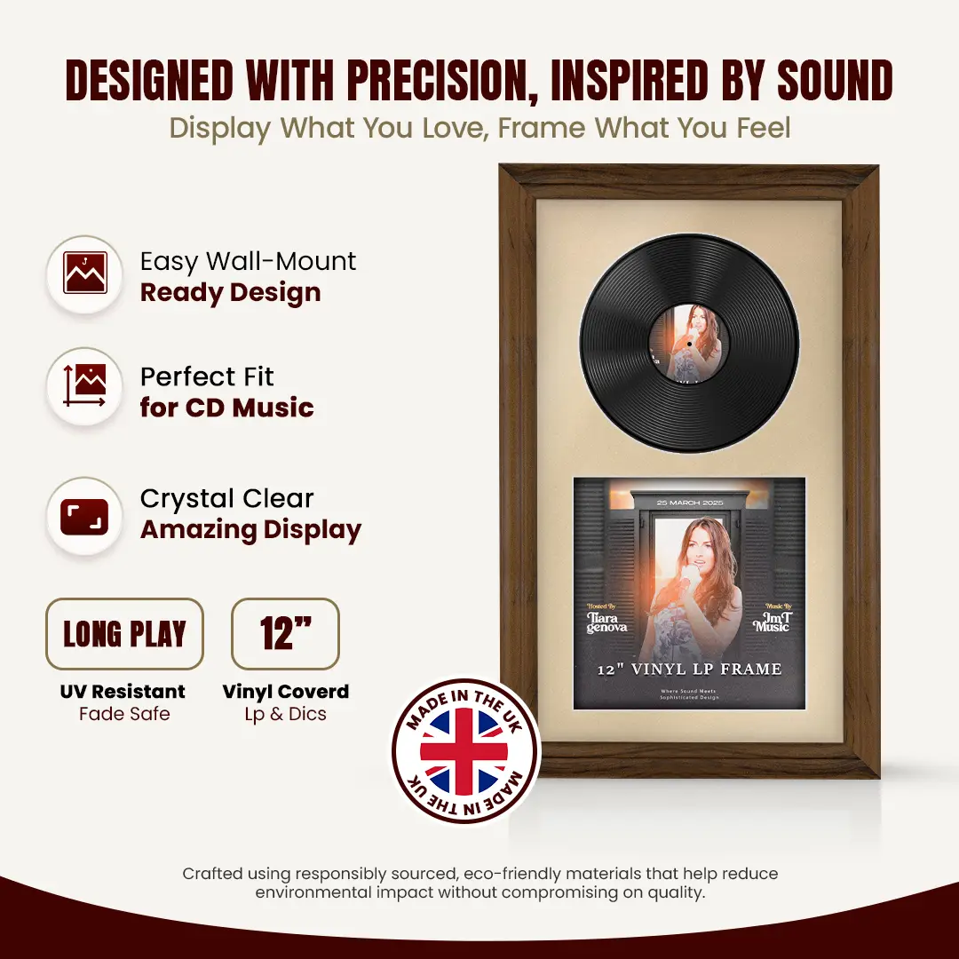 30x17" Classic Walnut Vinyl Record Frame With Ivory Mount | For 12" LP Cover and Disc Side By Side Display thumbnail 8