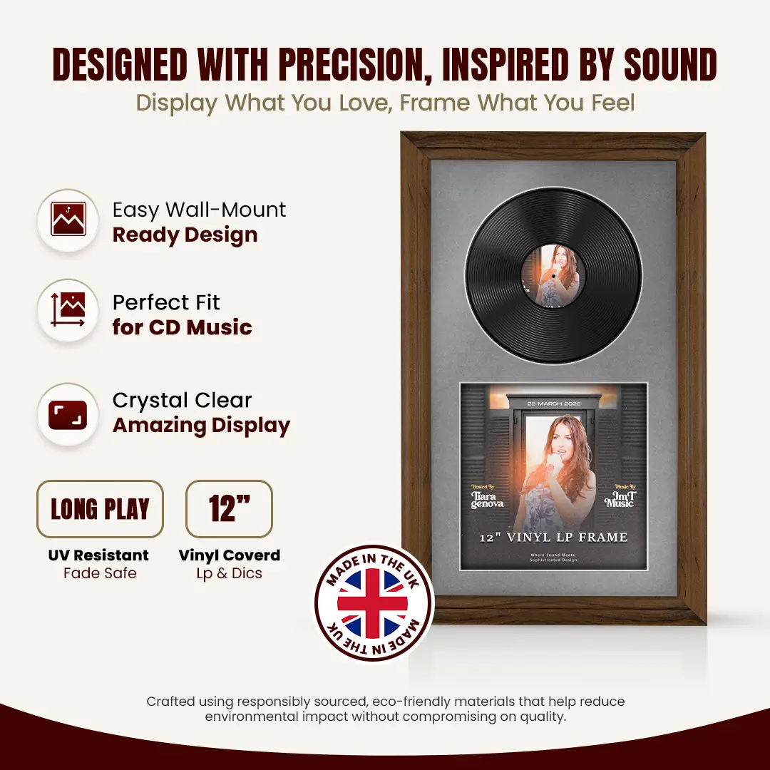 30x17" Classic Walnut Vinyl Record Frame With Mid Grey Mount | For 12" LP Cover and Disc Side By Side Display thumbnail 8