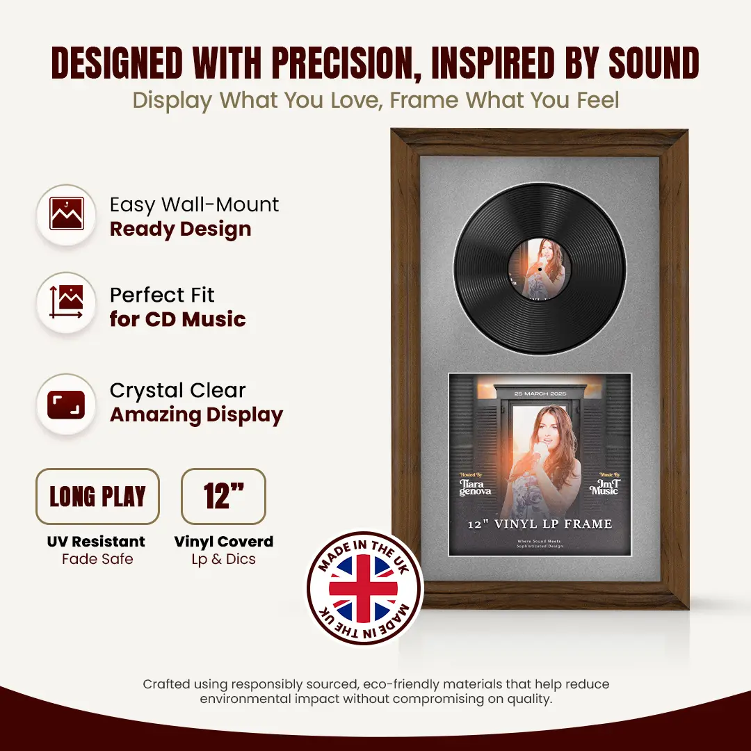 30x17" Classic Walnut Vinyl Record Frame With Poppy Red Mount | Side by Side 12" LP Cover & Disc Display thumbnail 8