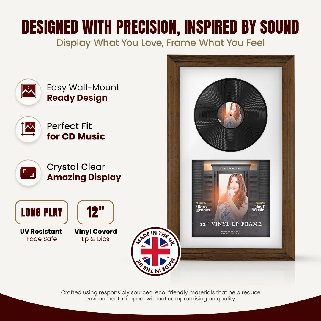 30x17" Classic Walnut Vinyl Record Frame With Silver Mount | Displays 12" LP Cover & Disc Side by Side thumbnail 8