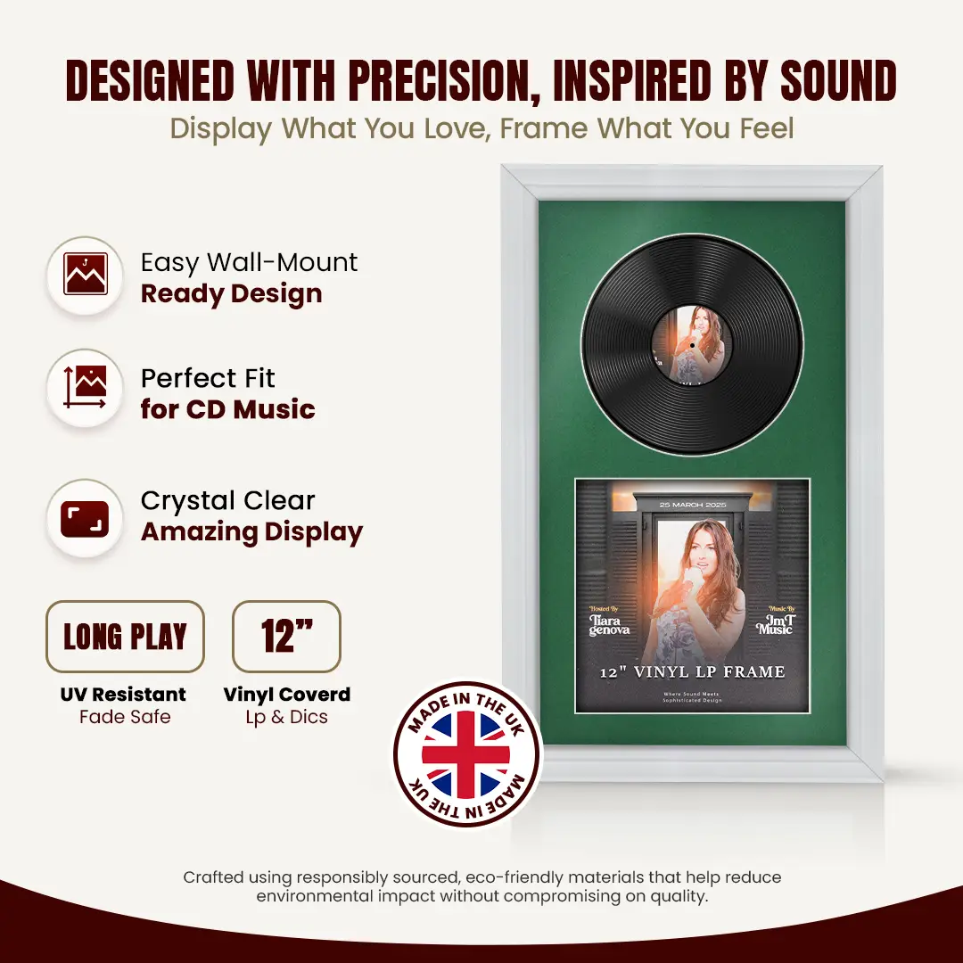 30x17" Classic White Vinyl Record Frame With Emerald (Green) Mount | For 12" LP Cover and Disc Side By Side Display thumbnail 8